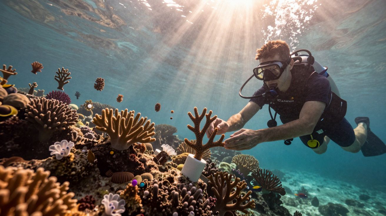 Mergulhador cuida de corais coloridos no fundo do mar, iluminado por raios de sol.