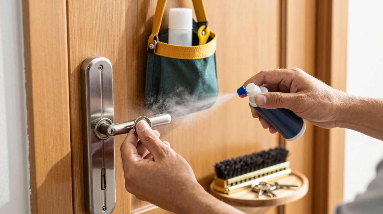 Pessoa a desinfetar uma maçaneta de porta com spray. Pendurado, um porta-objetos com frascos.