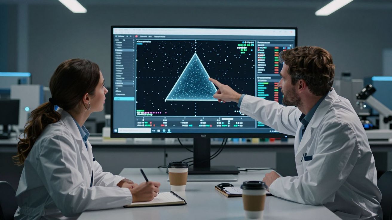 Dois cientistas analisam dados num ecrã com gráfico triangular num laboratório moderno.