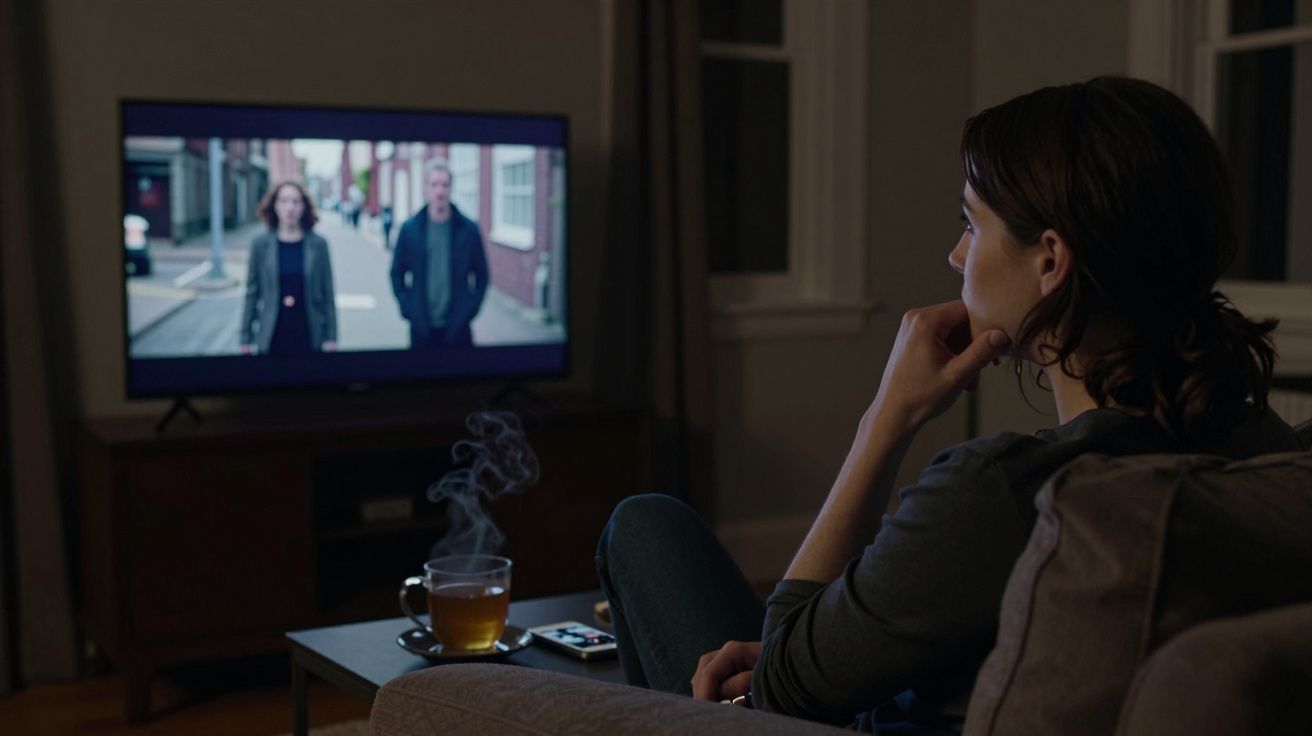 Mulher no sofá assiste televisão, com chá quente em cima de uma mesa.
