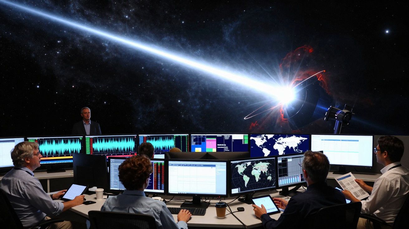 Sala de controlo com cientistas a monitorizar ecrãs exibindo dados espaciais e uma imagem de planeta com raio de luz.