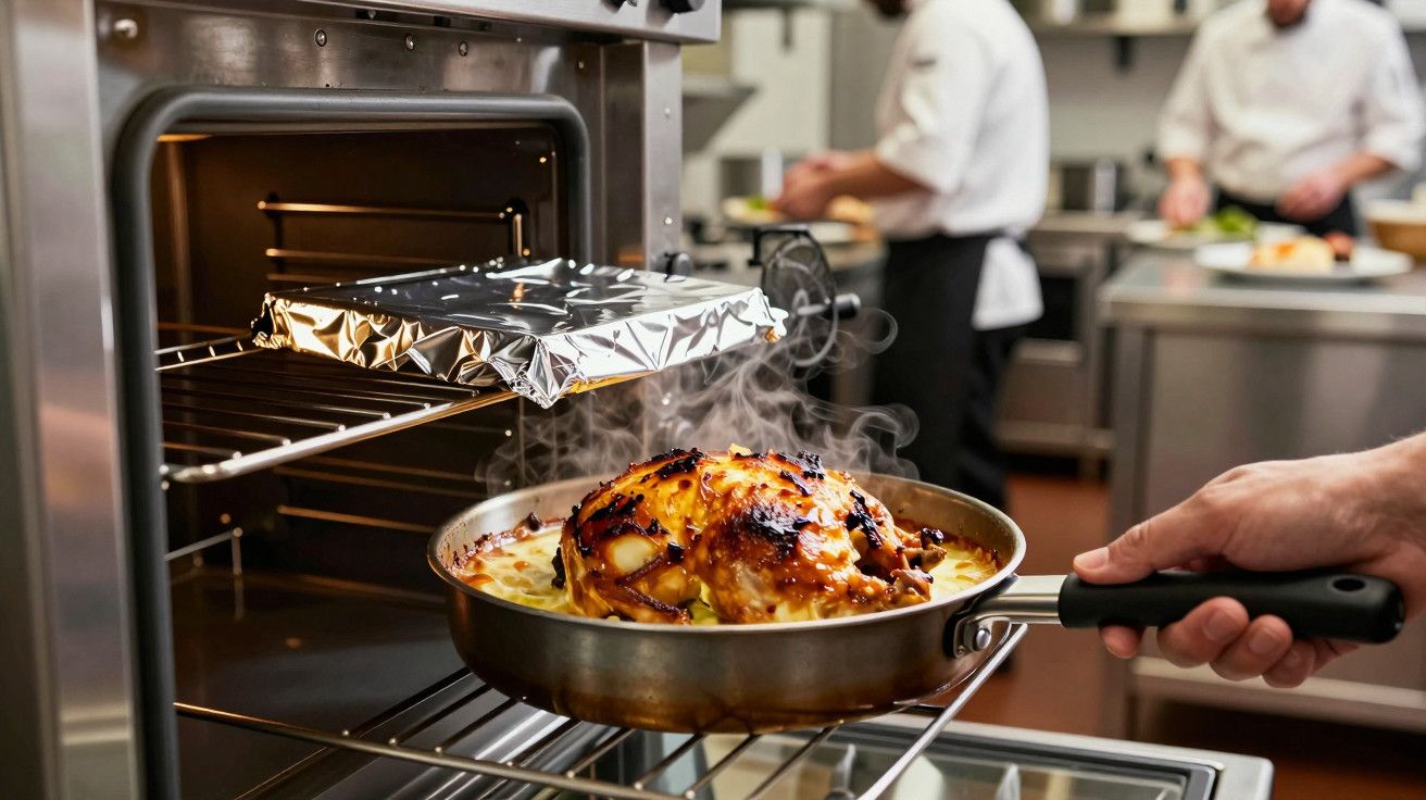 Frango assado a ser retirado do forno numa cozinha profissional, com um chef ao fundo.