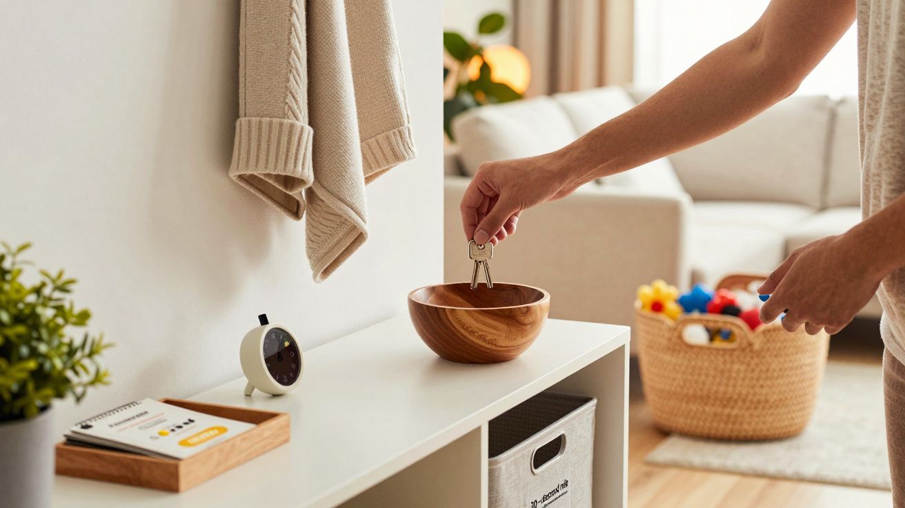 Pessoa coloca chave em taça de madeira sobre uma prateleira branca numa sala moderna com sofá e cesta de brinquedos ao fundo.