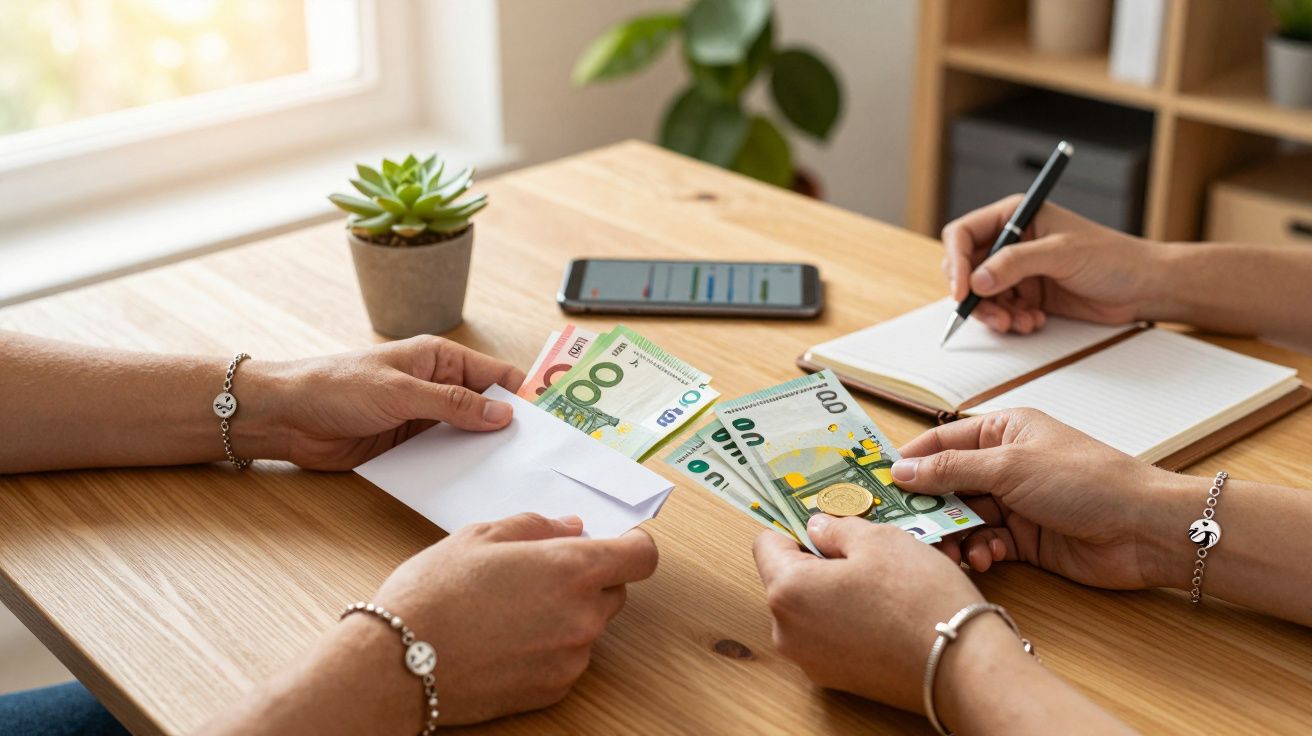 Pessoas contando notas de euro numa mesa de madeira, com caderno, planta e telemóvel ao fundo.
