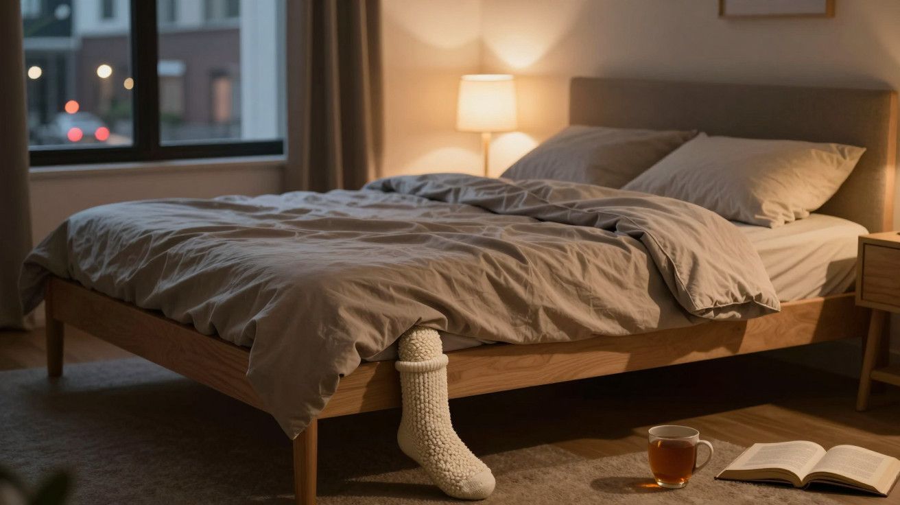Quarto acolhedor com cama desfeita, um pé de meias brancas sobressai, chá e livro aberto no chão.