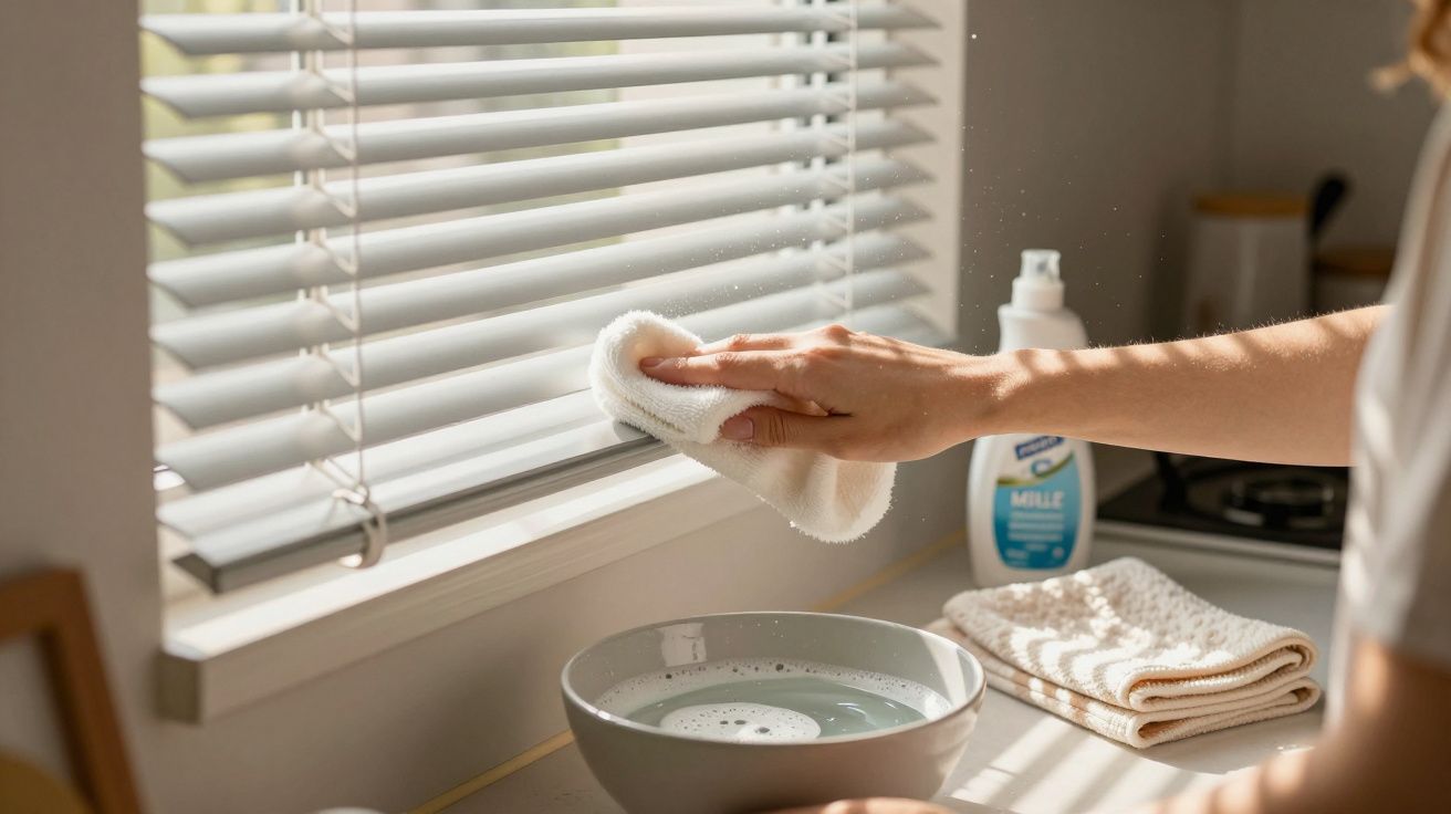 Pessoa a limpar estores com pano branco húmido ao lado de bacia com água ensaboada e toalhas sobre a bancada.