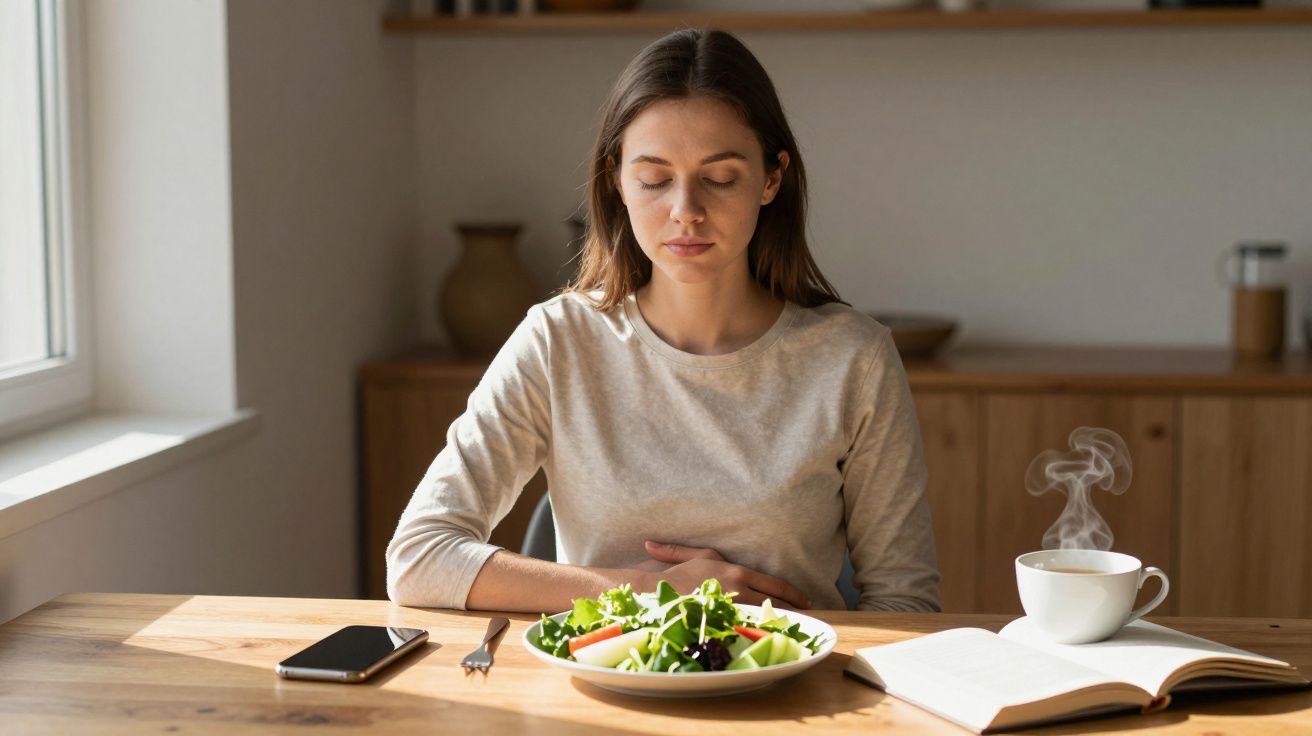 Mulher sentada à mesa com salada, chá e livro, de olhos fechados, num ambiente iluminado pela luz do sol.