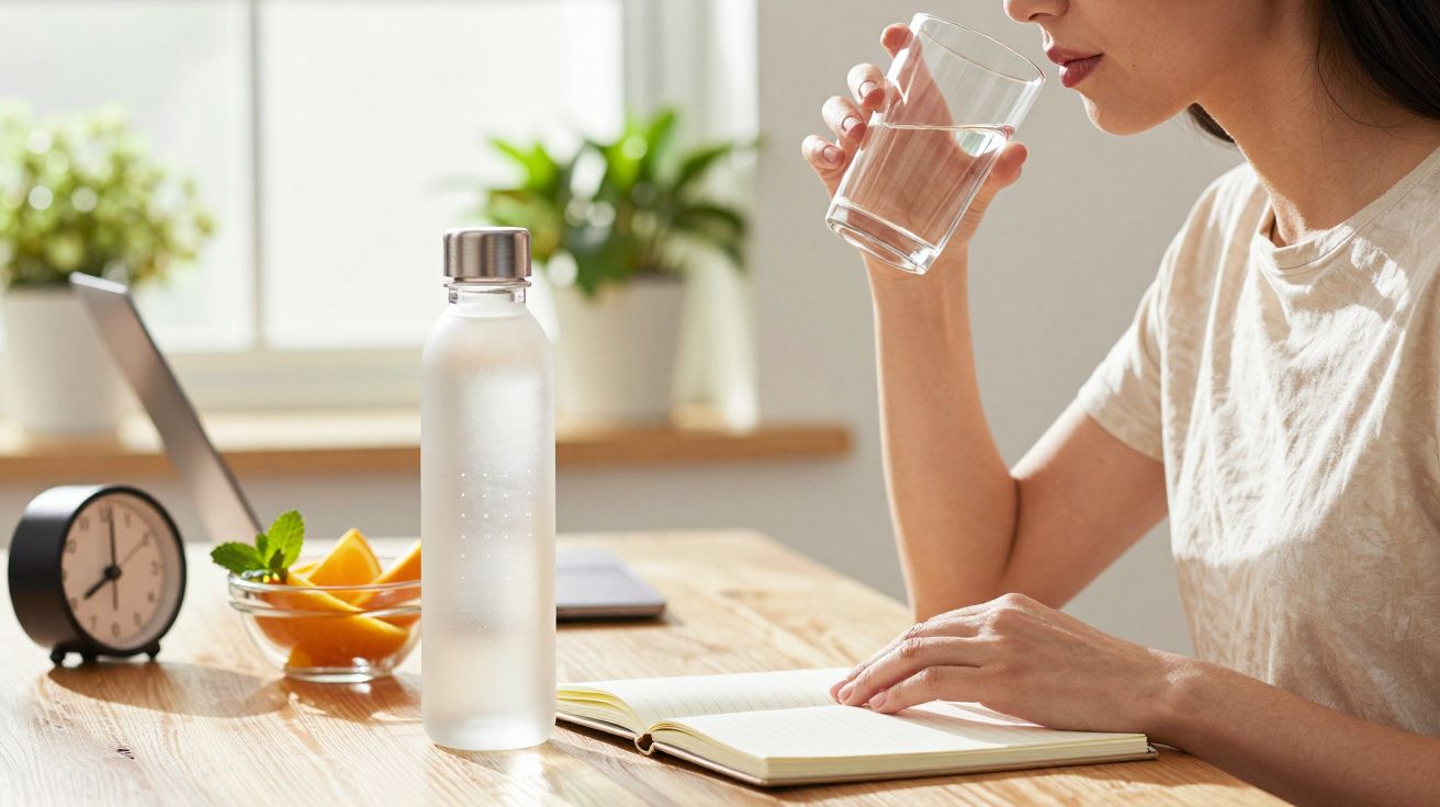 Mulher a beber água sentada à mesa com caderno aberto, relógio e fruta ao lado.