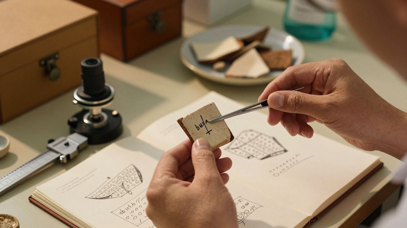 Mãos segurando artefato com pinça sobre livro de pesquisa.