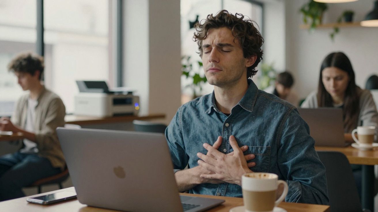 Homem em café, mãos no peito e olhos fechados, sentado à mesa com portátil e chávena de café.
