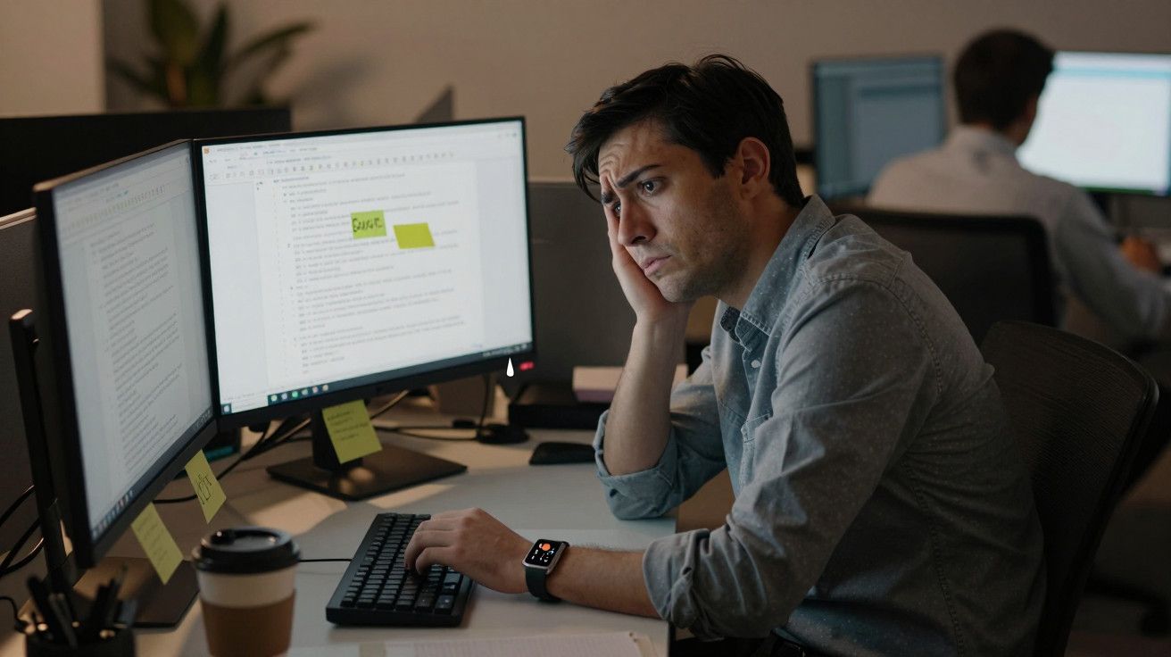 Homem preocupado a trabalhar num escritório com dois monitores e uma chávena de café na mesa.