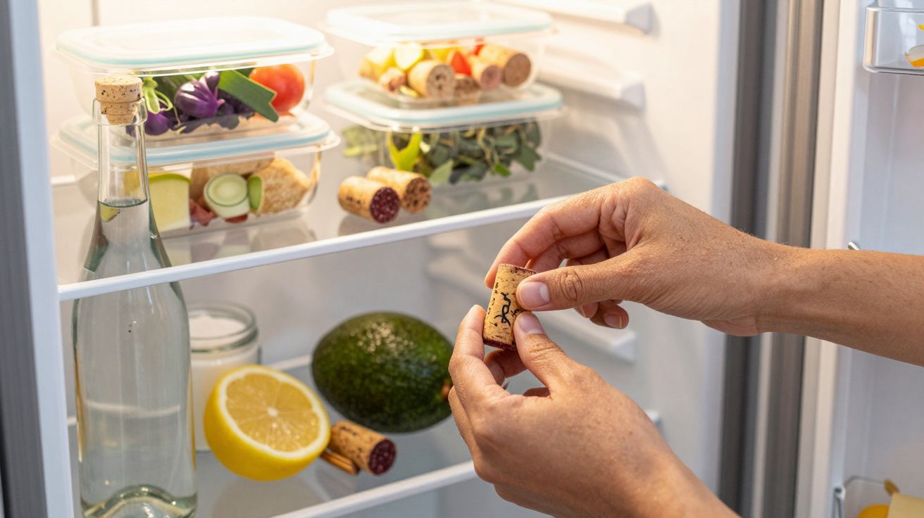 Mãos seguram rolha de cortiça em frente a um frigorífico organizado com alimentos e garrafa de vidro.