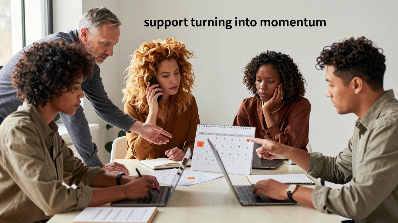 Grupo de pessoas em reunião numa mesa, olhando para calendários e portáteis, com texto acima: "support turning into momentum"