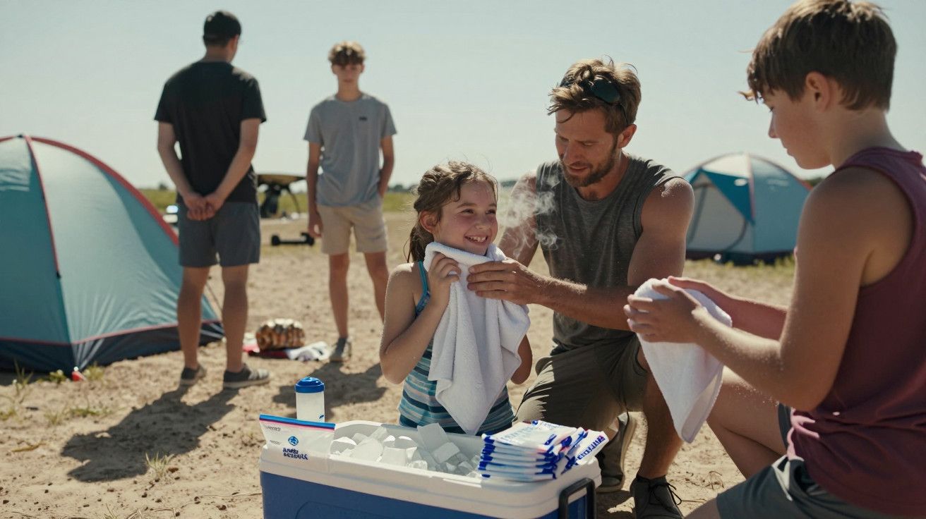 Campistas num acampamento ensolarado, secando-se com toalhas ao lado de uma geleira. Tendas e pessoas ao fundo.