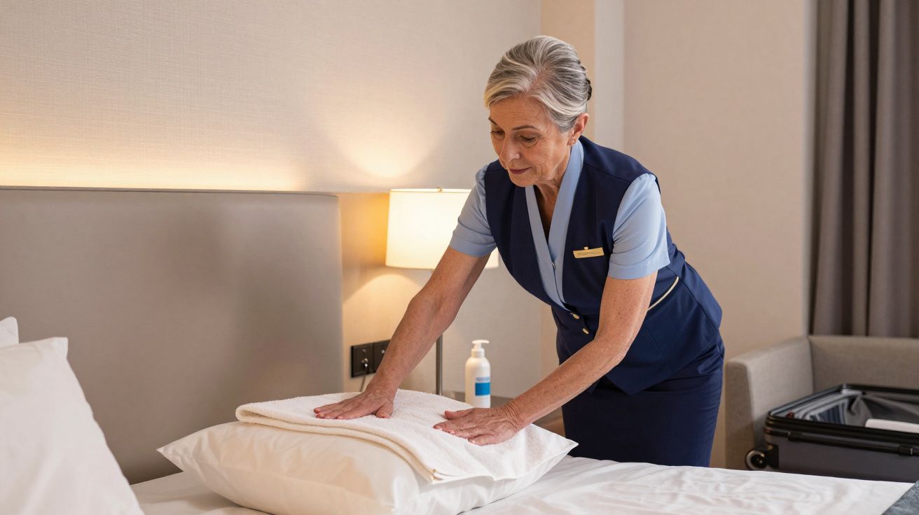 Empregada de limpeza arruma cama num quarto de hotel, alisando as almofadas. Uma garrafa de produto de limpeza ao lado.