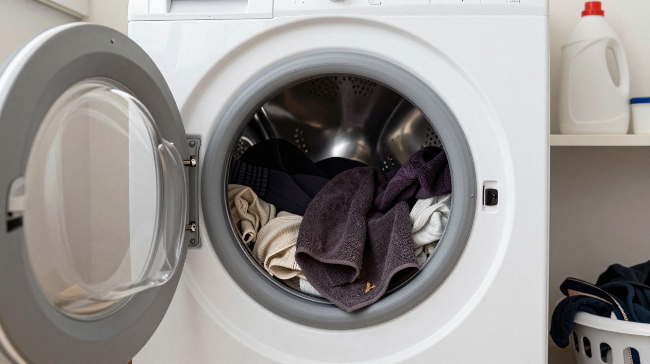 Máquina de lavar roupa aberta com roupa colorida no tambor, detergente ao fundo.
