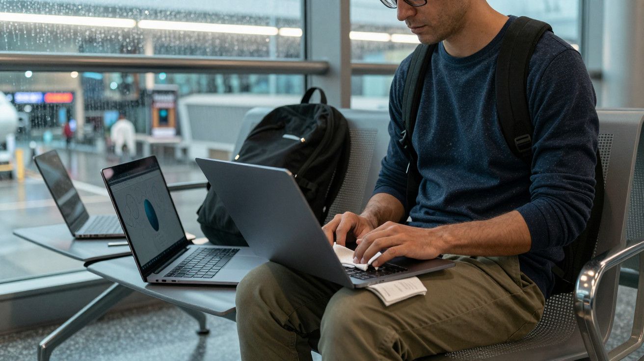 Homem sentado no aeroporto a trabalhar no portátil com outro ao lado e mochila, à frente de janela grande.
