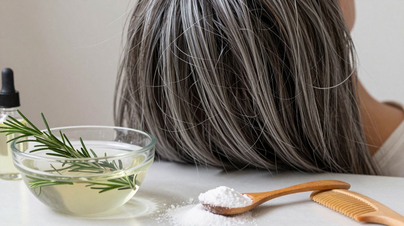 Mulher com cabelo grisalho, tigela com raminhos de alecrim, frasco, colher de madeira com pó branco e pente em mesa branca.