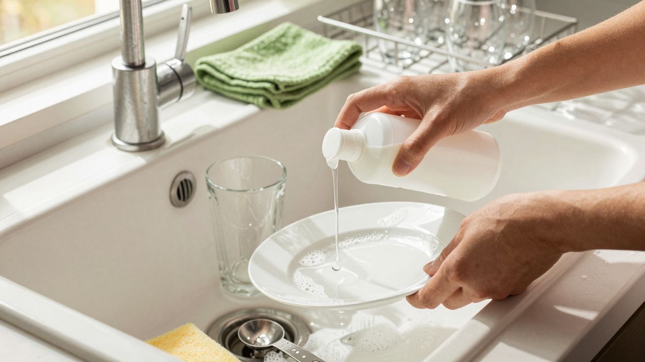 Pessoa a lavar a loiça à mão com detergente num lava-loiça, copos e pano ao fundo.