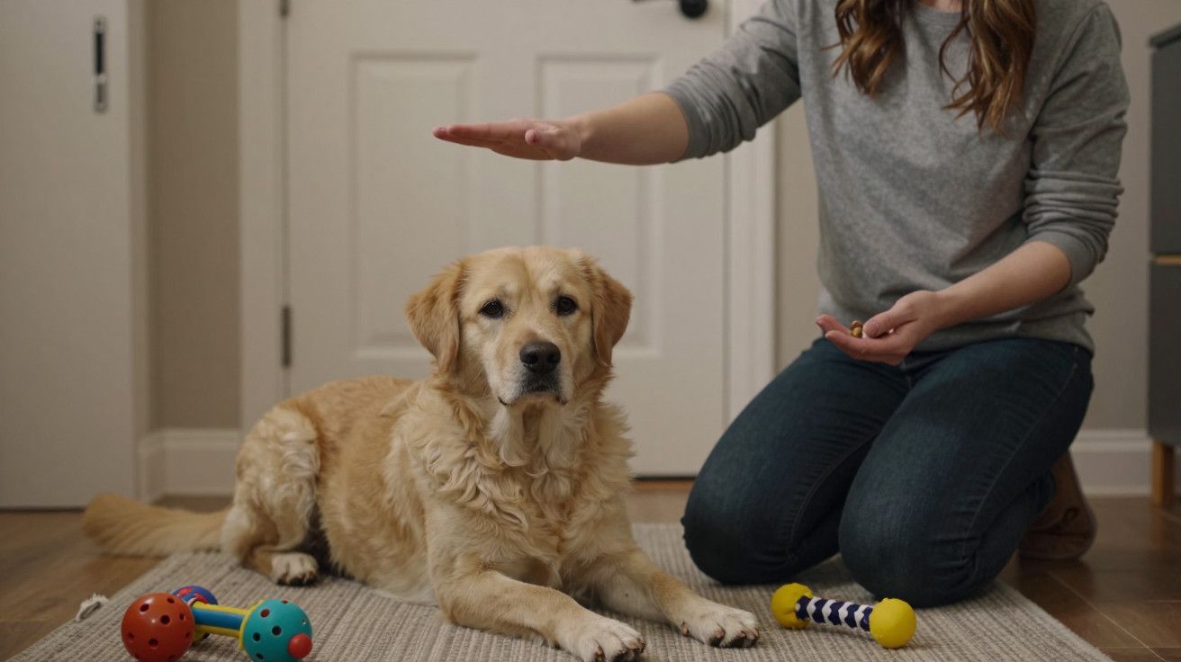 Mulher a treinar um cão labrador num tapete com brinquedos ao redor.