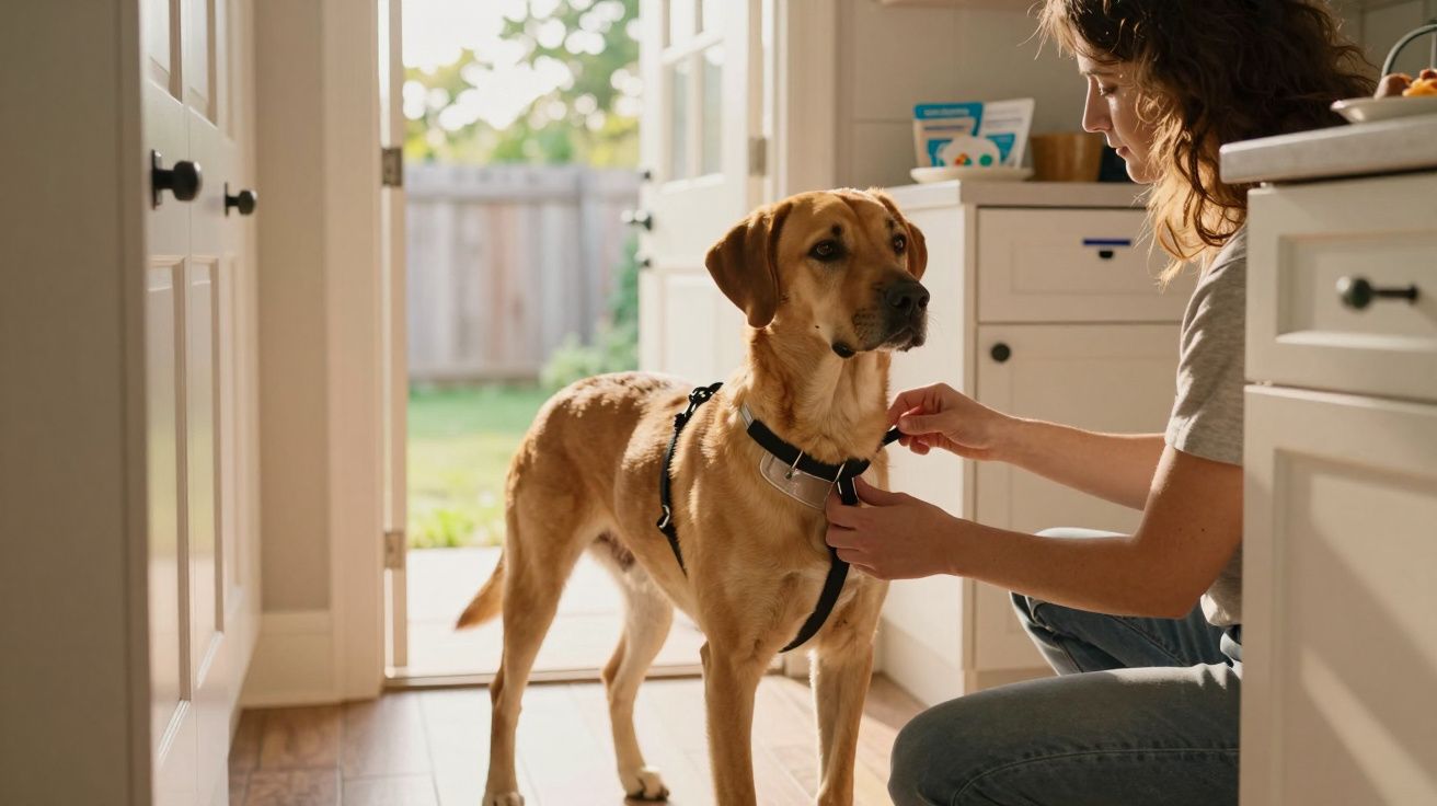 Pessoa ajusta o arnês de um cão castanho numa cozinha iluminada pelo sol.