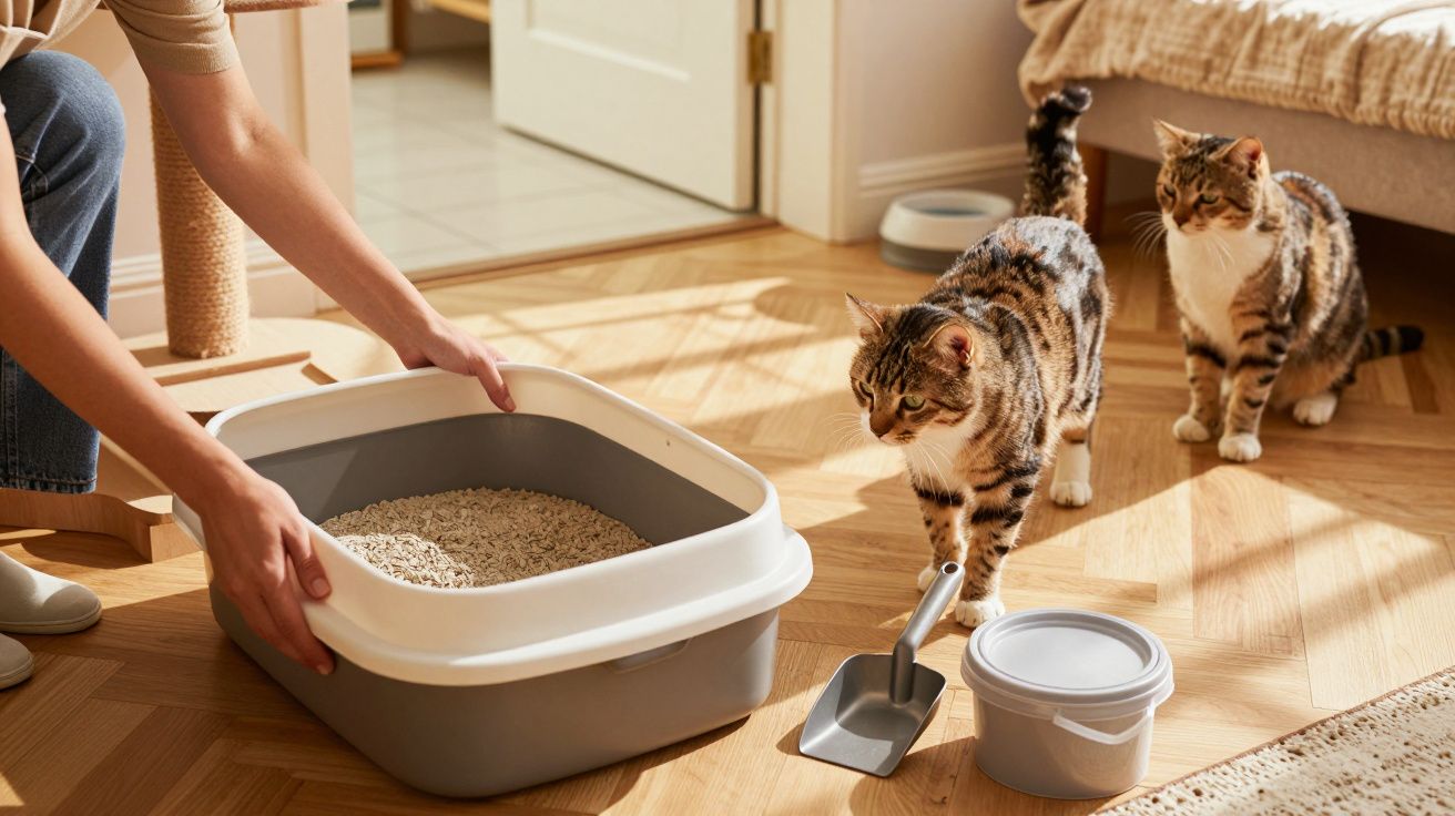 Pessoa limpa caixa de areia enquanto dois gatos observam num quarto iluminado.