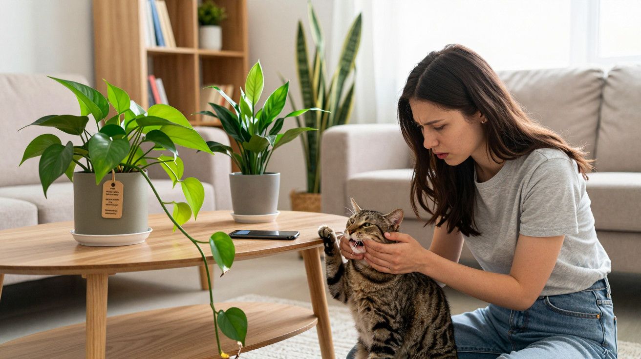 Mulher ajoelhada, examina gato em sala de estar com plantas e mesa de madeira à sua frente.