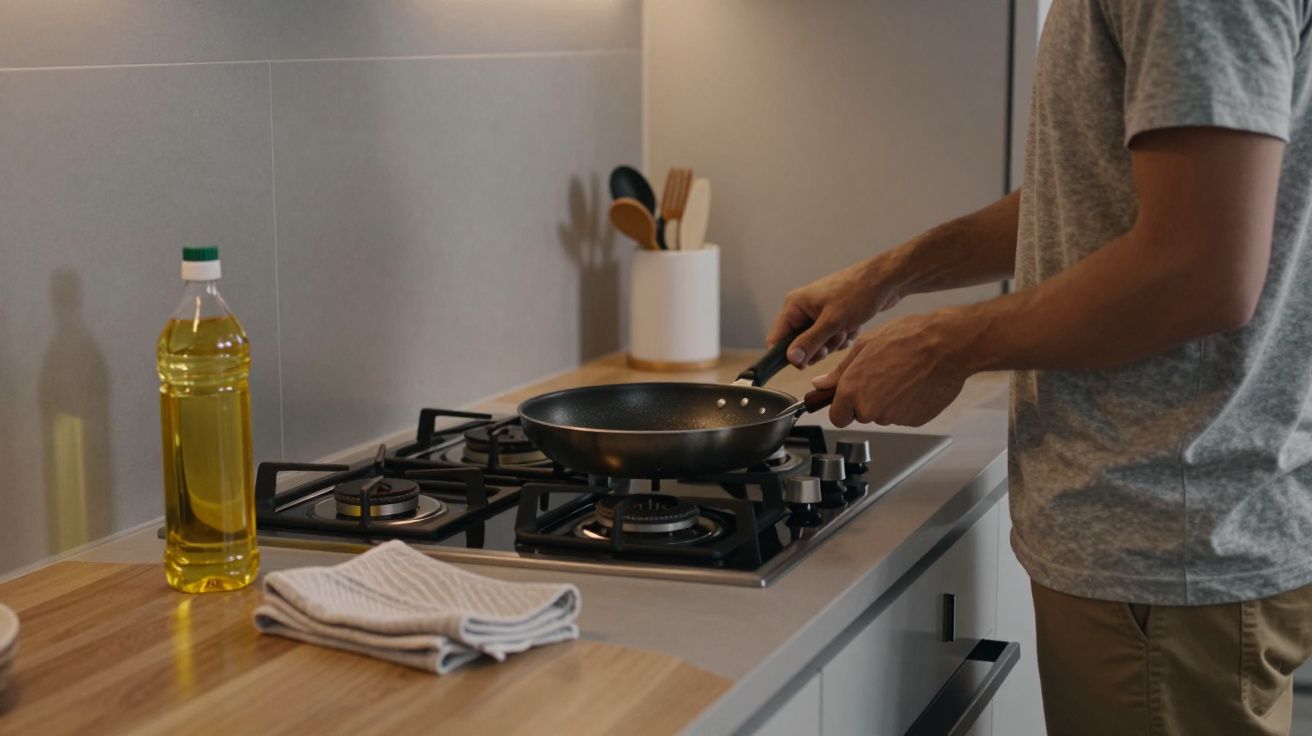 Homem a cozinhar numa frigideira ao fogão, com garrafa de óleo e utensílios na bancada ao lado.