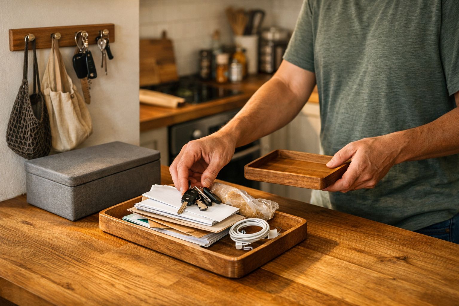 Homem organiza documentos e chaves na bancada de uma cozinha bem iluminada com acessórios pendurados.
