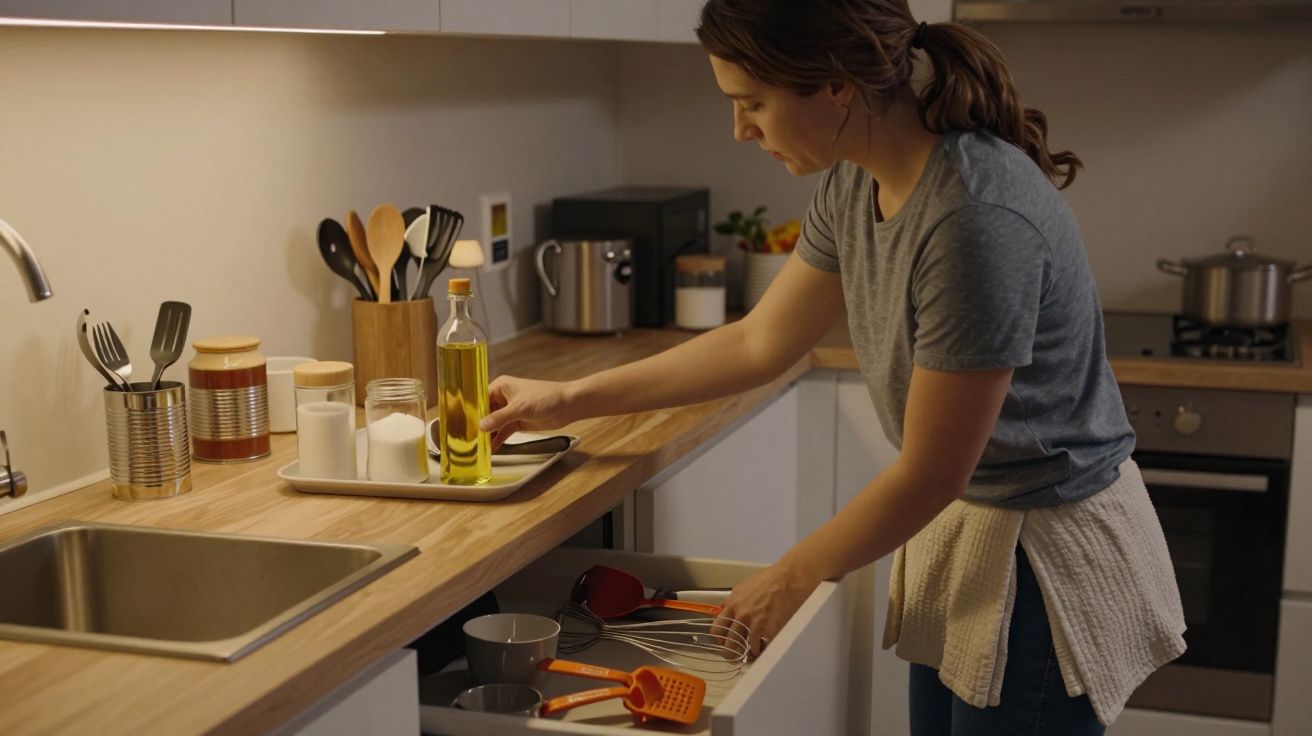 Mulher na cozinha organiza utensílios numa gaveta, utensílios numa gaveta, com tabuleiro de azeite e especiarias na bancada.