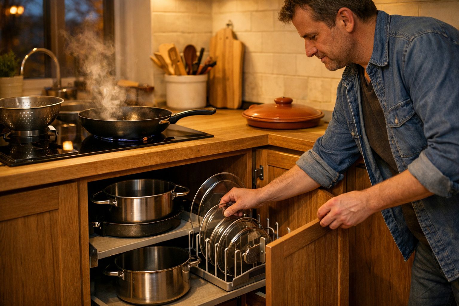 Homem a cozinhar numa cozinha moderna de madeira, com panelas e utensílios ao lado do fogão.