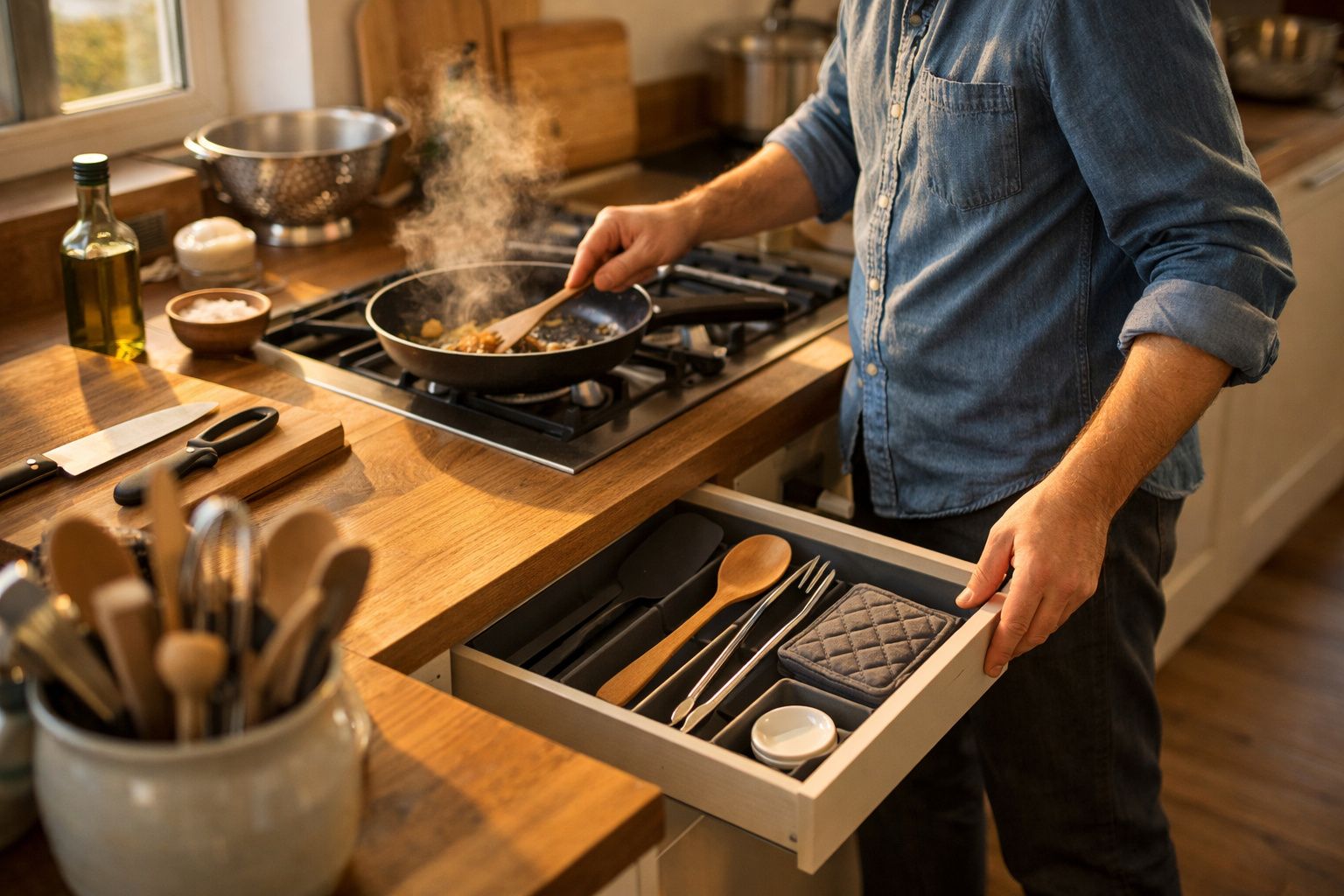 Homem cozinha numa frigideira, enquanto abre uma gaveta com utensílios, numa cozinha moderna de madeira.