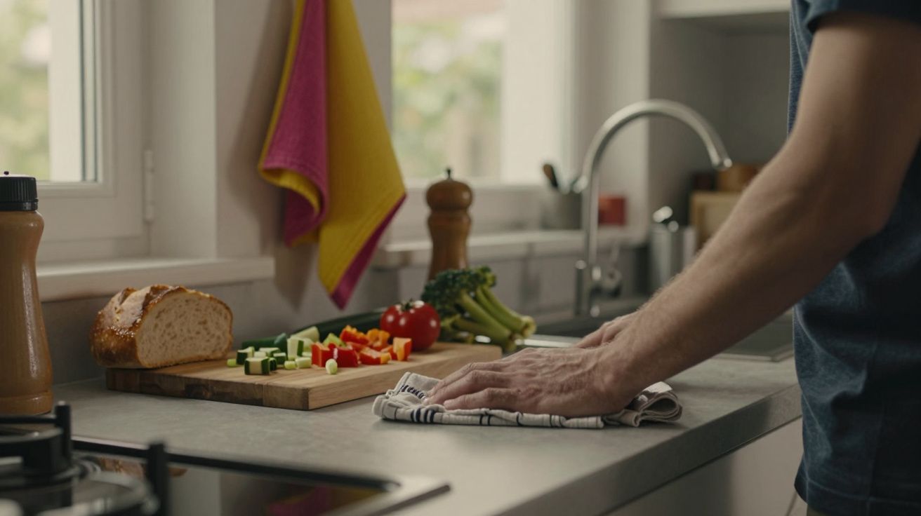 Pessoa arruma balcão de cozinha com vegetais cortados e pão numa tábua. Toalhas coloridas penduradas ao fundo.