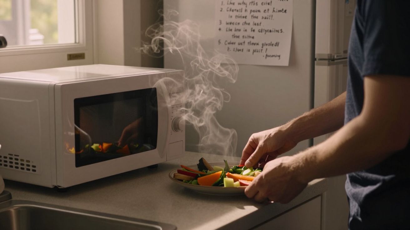 Homem servindo legumes cozidos no micro-ondas numa cozinha, com vapor a subir do prato.
