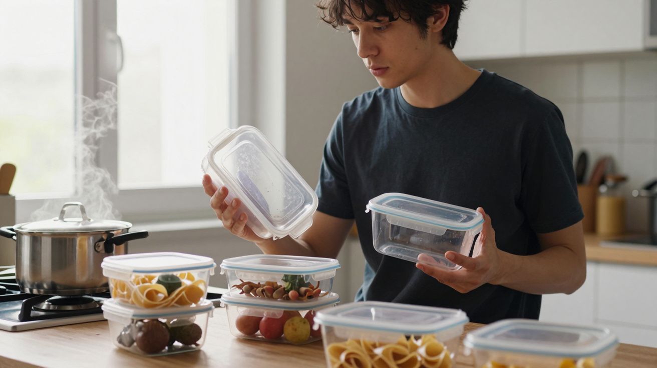 Homem na cozinha a segurar tupperwares, com panelas ao fundo.