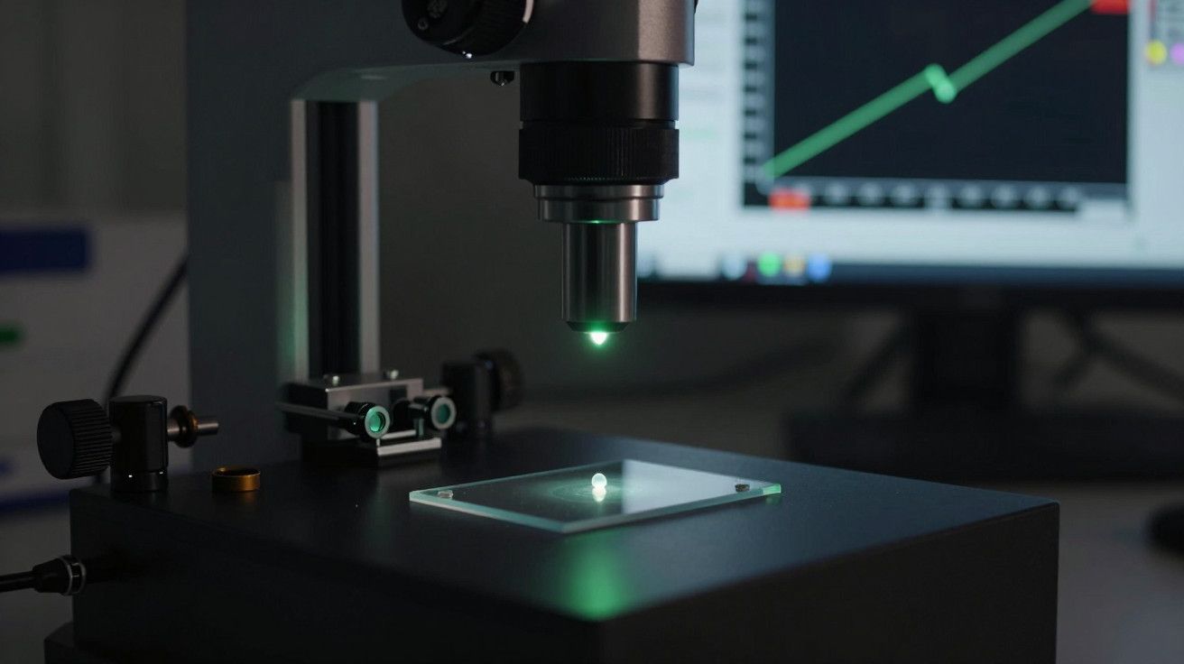 Microscópio iluminado com ecrã de gráfico ao fundo em laboratório.