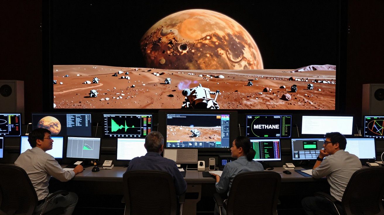 Quatro pessoas monitorizam ecrãs com imagens de Marte e dados científicos num centro de controlo.