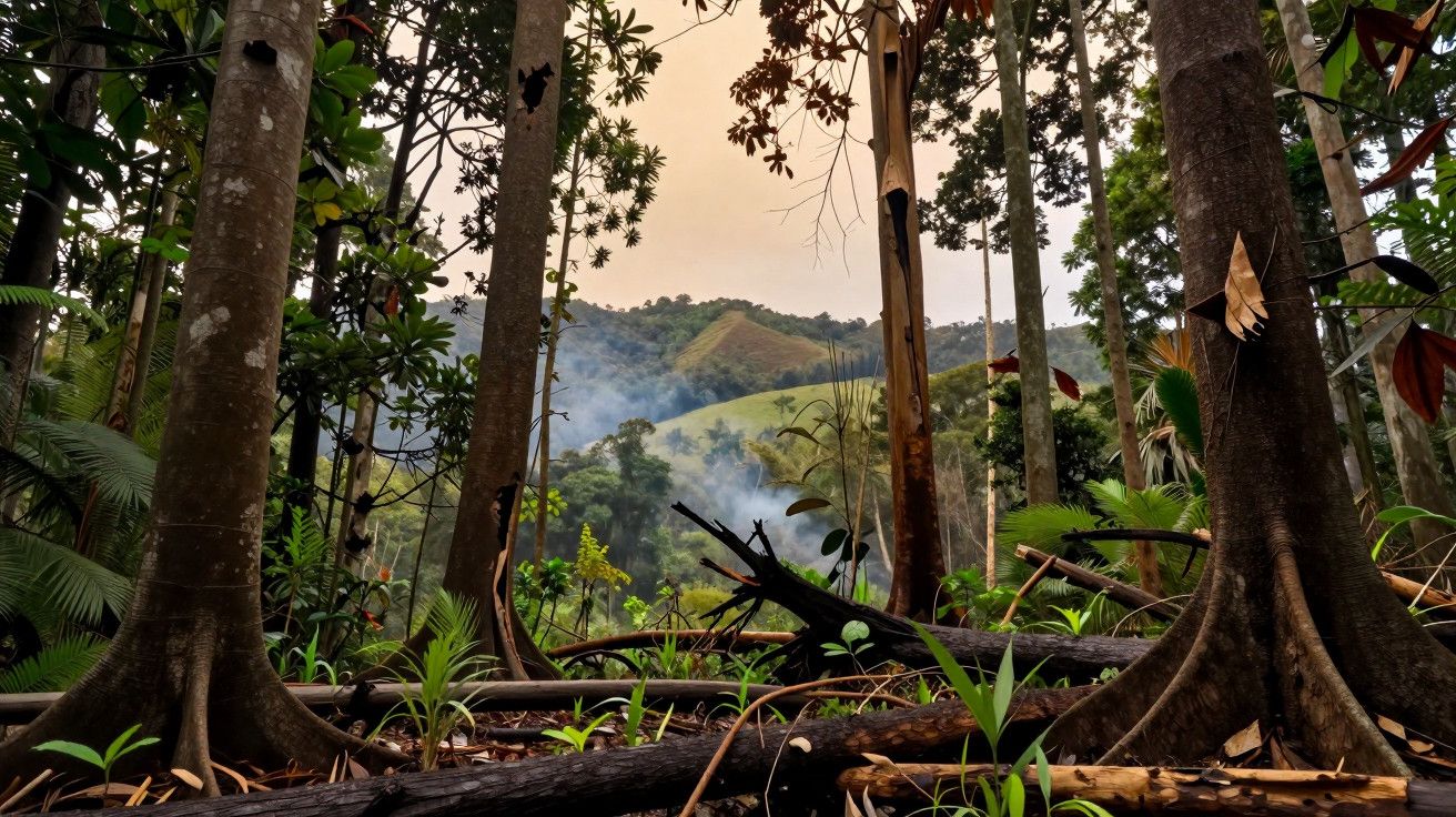 Floresta densa com troncos altos, vegetação verde e colinas ao fundo sob céu nublado.