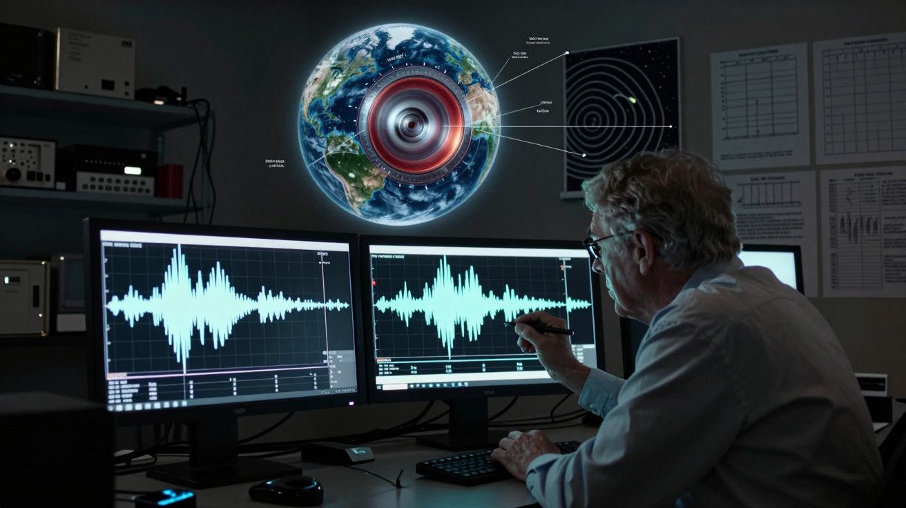 Cientista analisa dados sísmicos em monitores, com projeção da Terra em fundo escuro.