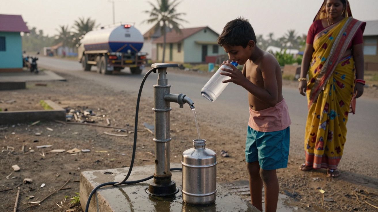 Menino bebe água de uma torneira na rua, ao lado de uma mulher. Caminhão pipa ao fundo.