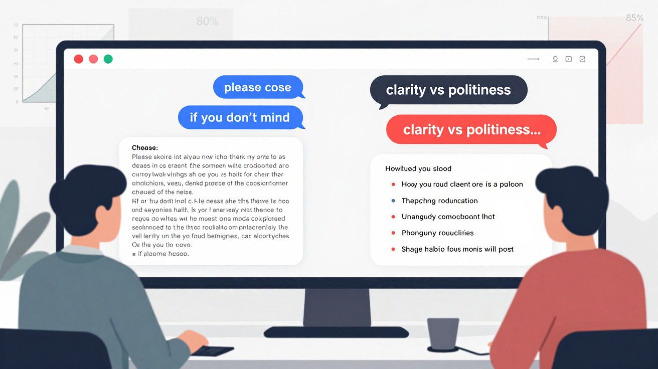 Dois homens a trabalhar num computador, ecrã mostra texto sobre "claridade vs cortesia".