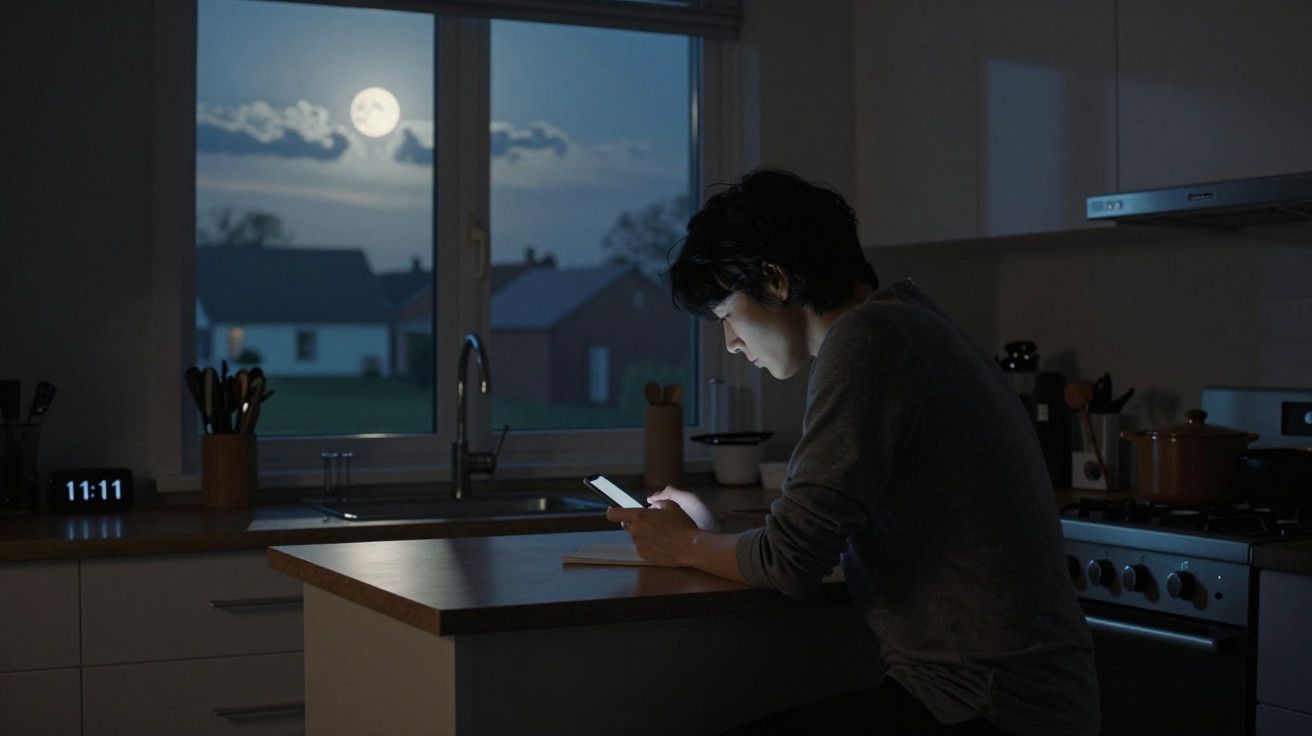 Pessoa usando smartphone na cozinha à noite, com a luz da lua pela janela.