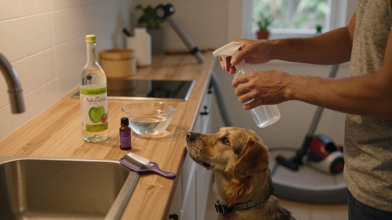Pessoa prepara solução caseira para cuidados caninos em cozinha, com vinagre, água, spray e escova, enquanto cão observa.
