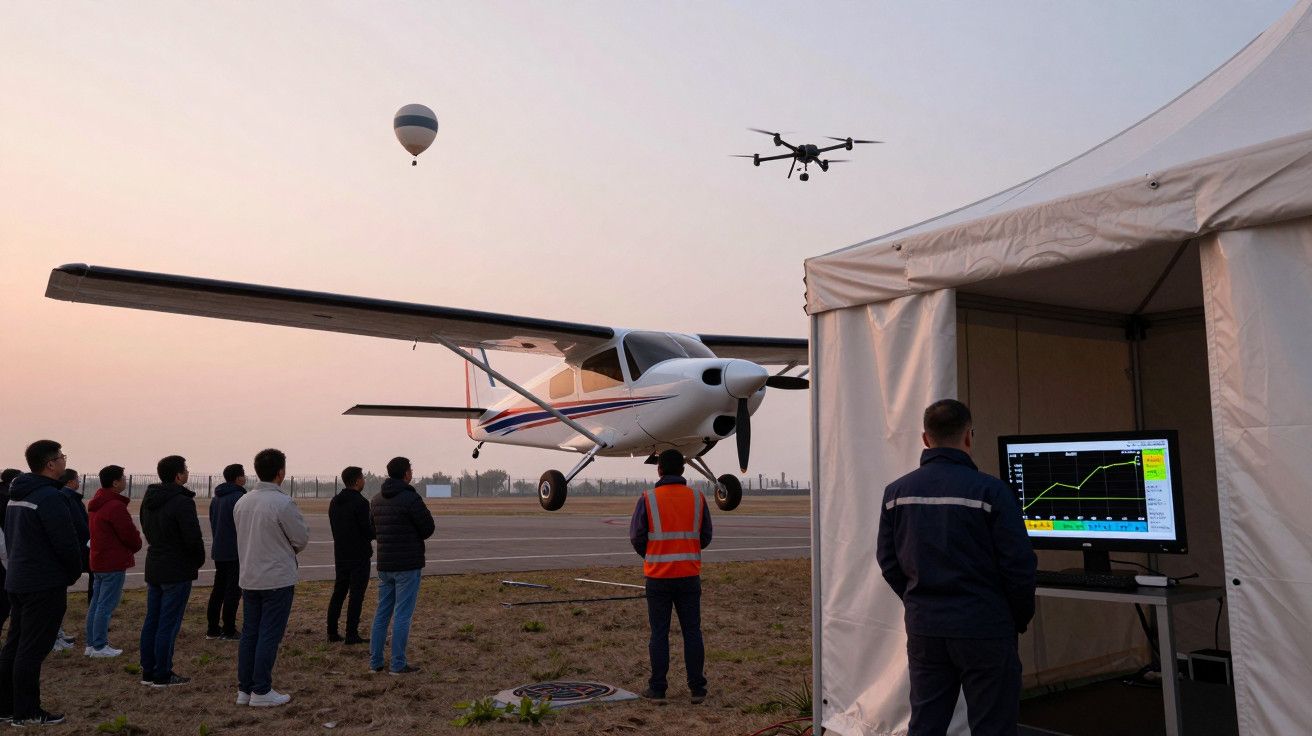 Pessoas observam avião pequeno voando perto de um balão de ar quente e um drone, ao lado de uma tenda com equipamento técnico
