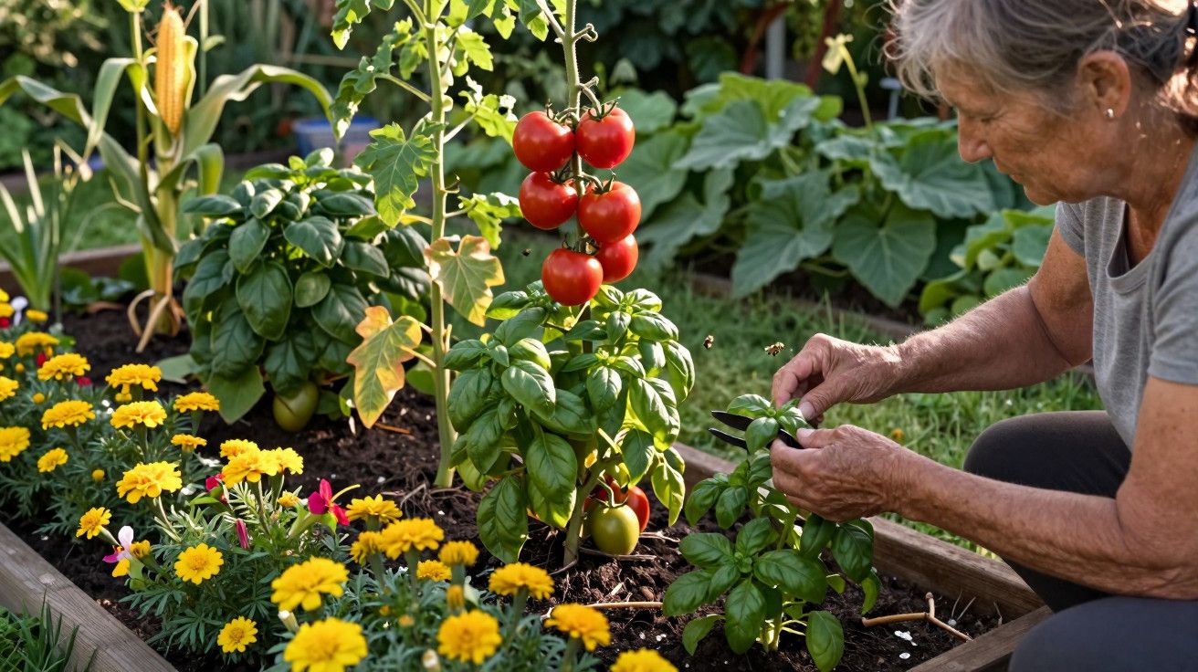Mulher cuidando de plantas em canteiro de jardim, com tomates, manjericão e flores amarelas.