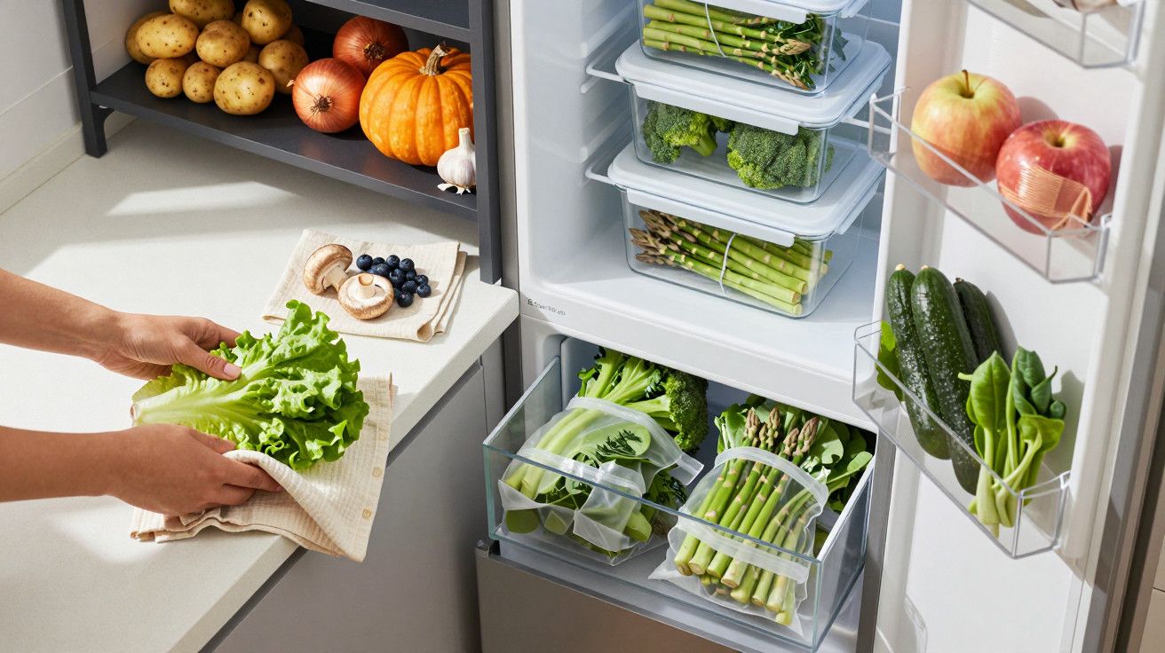 Pessoa a arrumar legumes num frigorífico cheio de verduras e frutas, incluindo espargos e maçãs.