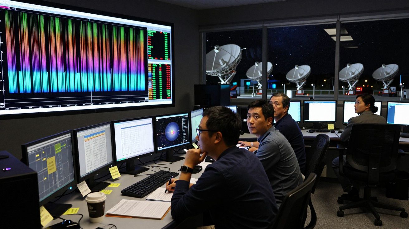 Quatro pessoas observam ecrãs com dados num centro de controlo, enquanto antenas parabólicas estão ao fundo à noite.