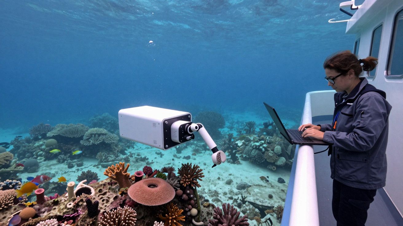 Mulher num barco usa portátil enquanto drone subaquático explora recife de corais.