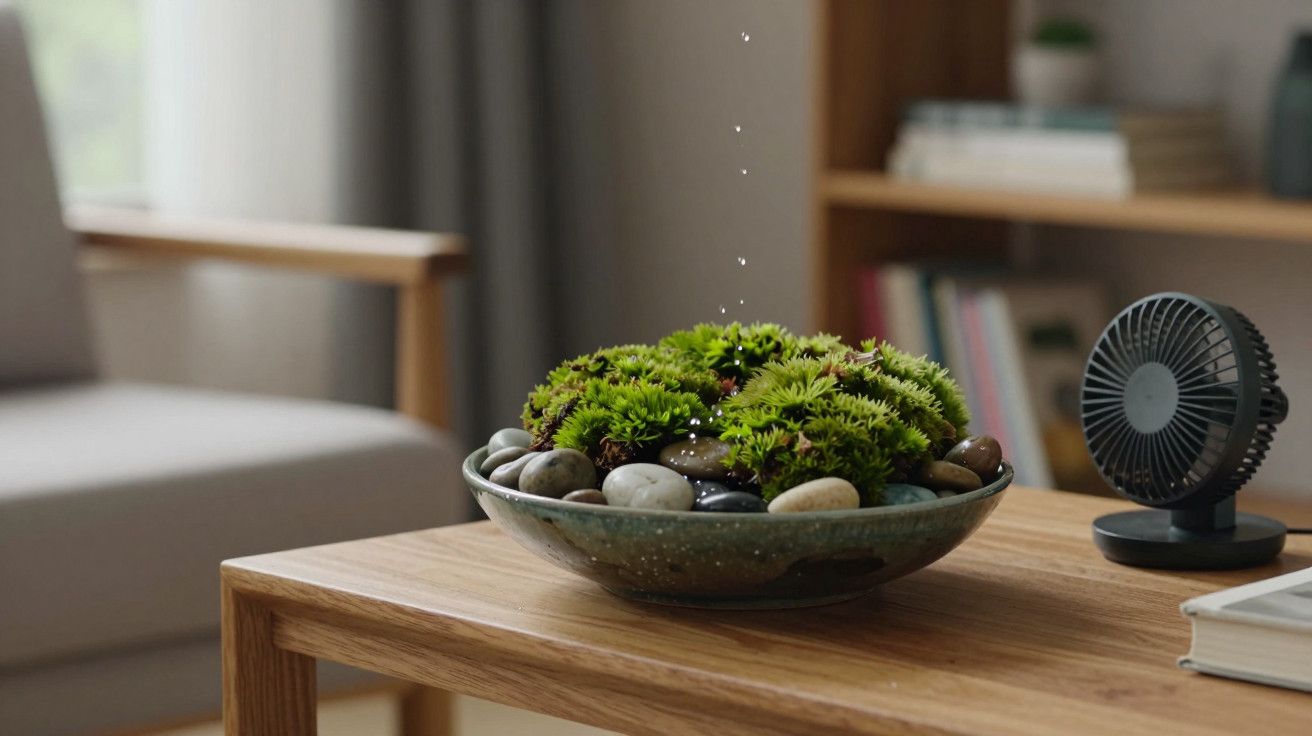 Recipiente com plantas verdes e pedras sobre mesa de madeira, com ventoinha pequena ao lado e poltrona ao fundo.