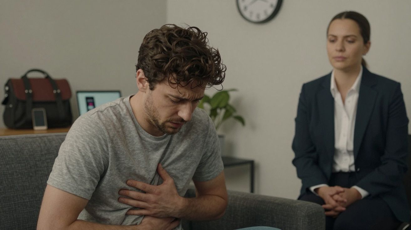 Homem preocupado segurando o peito, sentado num sofá. Ao fundo, uma mulher observa, sentada numa cadeira.